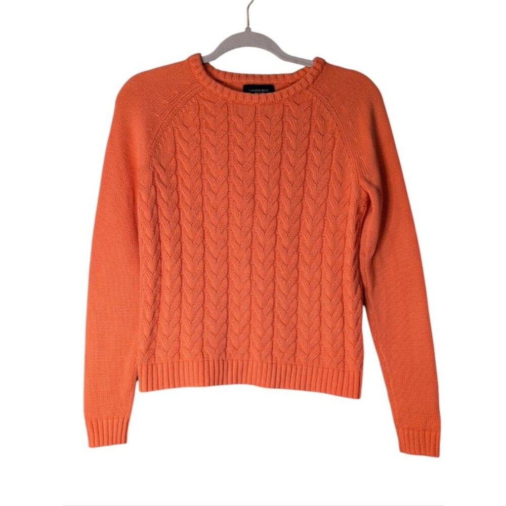 Land's End Drifter Classic Orange Cable Knit Crewneck Sweater 100% cotton XS